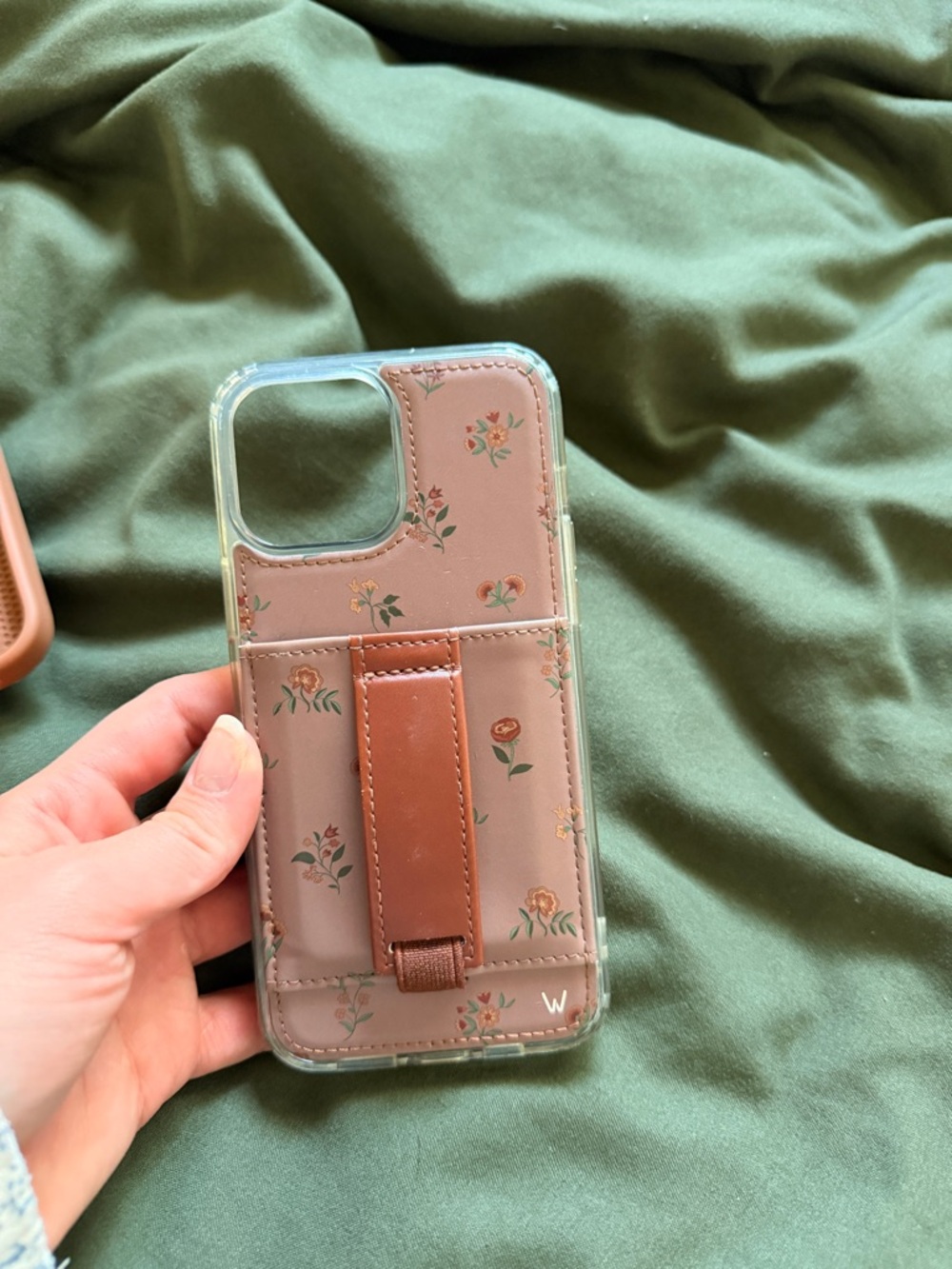 Floral Pink Card Pocket Phone Case with Brown Strap